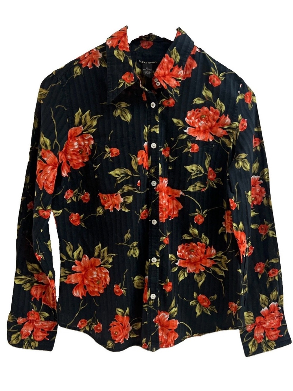 Lucky Brand Women's XL Black Orange Floral Cotton Button Up Long Sleeve Boho